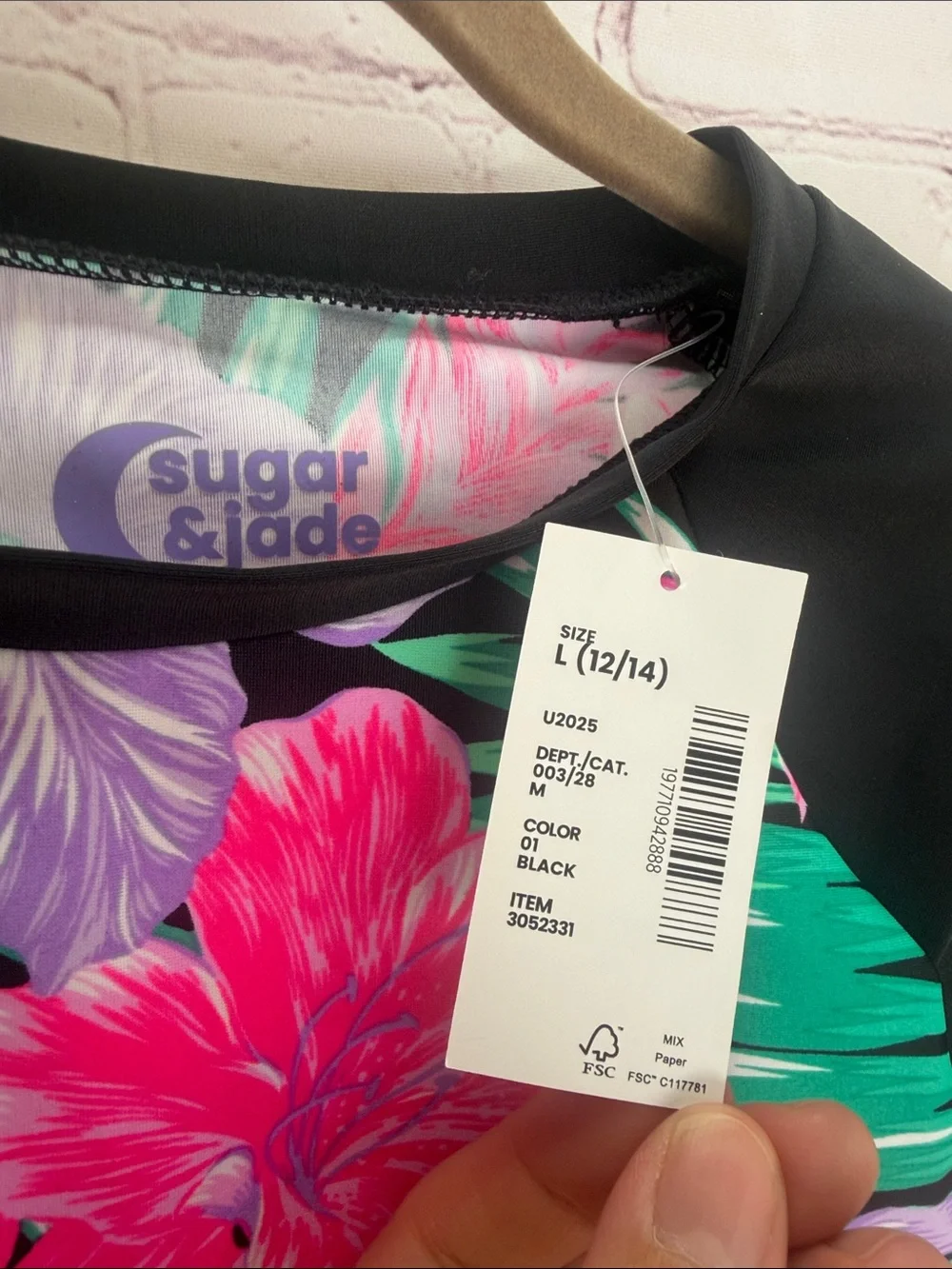 Sugar & Jade Kids Short Sleeve Hawaiian‎ Floral Swim Top - Black, Pink, Purple L